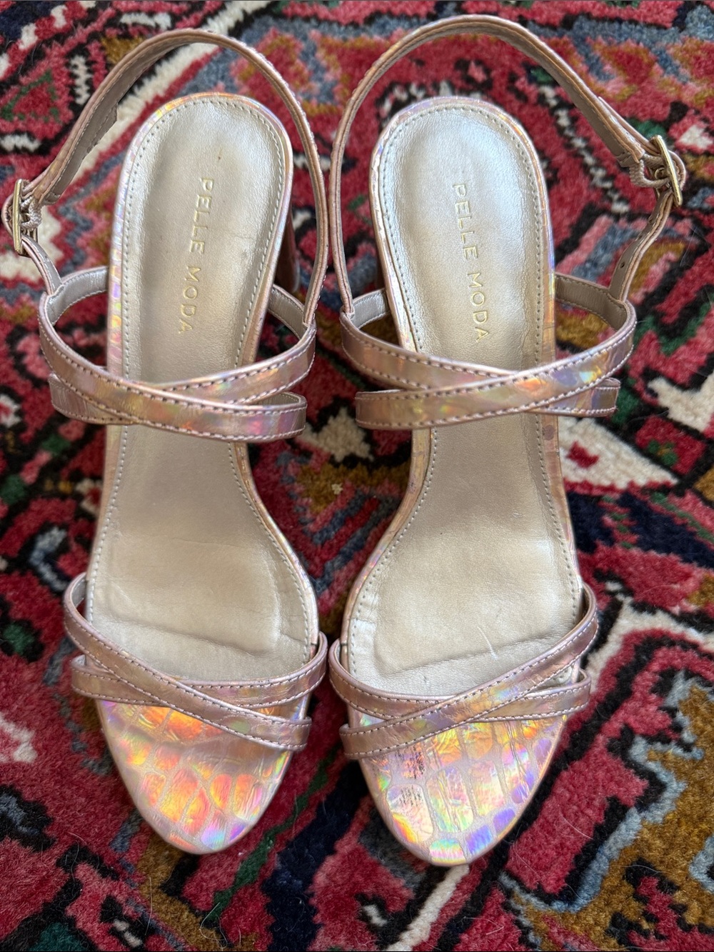 Pelle Moda Iridescent Rose-Strap Open-Toe Heels